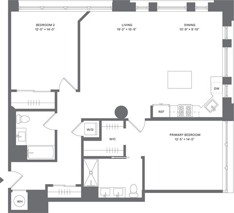 Floor plan for 2 beds, 2 baths, 1308 sqft